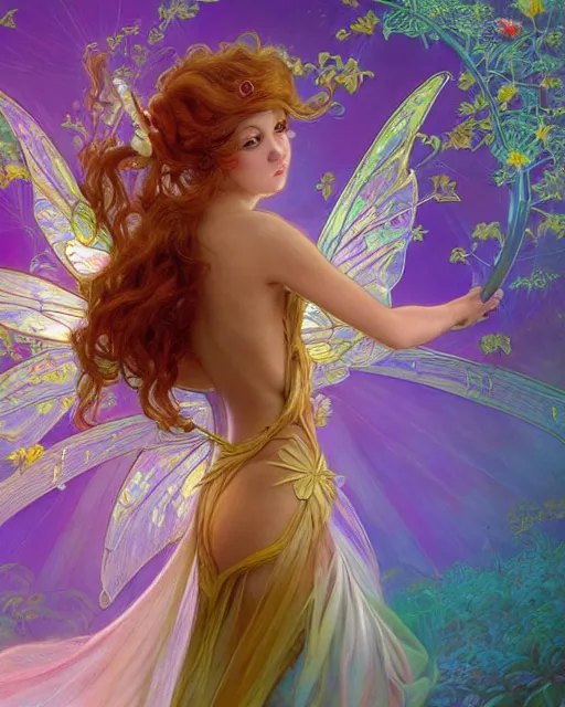 Image similar to a beautiful fairy in a morning dreamland, full body, coherent design, symmetrical, vivid color, complementary color, golden ratio, detailed, sharp lines, intricate, rainbowshift, by james gurney, by peter mohrbacher, by alphonse mucha, by maxfield parrish, by karol bak, waterhouse, by james gurney, octane render