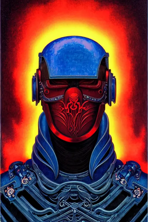 Prompt: portrait of gothic and futuristic young man, warhammer, cyberpunk armor, a lot of scars, thunderstorm, blue head, fire eyes, some red, the middle ages, highly detailed, artstation, in the style of moebius, jugendstil and classic japanese print, art by jean delville and tristan eaton