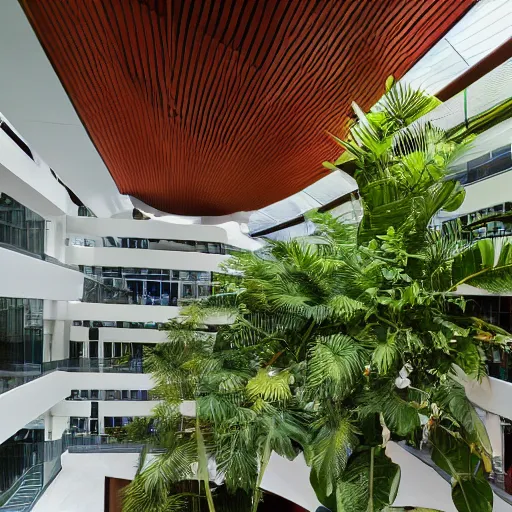 Image similar to The atrium of a contemporary building filled with tropical plants, dramatic light, 4k