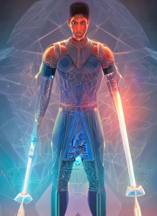 Image similar to symmetry!! egyptian prince holding crystal scepter of power, solid cube of light, hard edges, product render retro - futuristic poster scifi, lasers and neon circuits, brown skin man egyptian prince, intricate, elegant, highly detailed, digital painting, artstation, concept art, smooth, sharp focus, illustration, dreamlike, art by artgerm