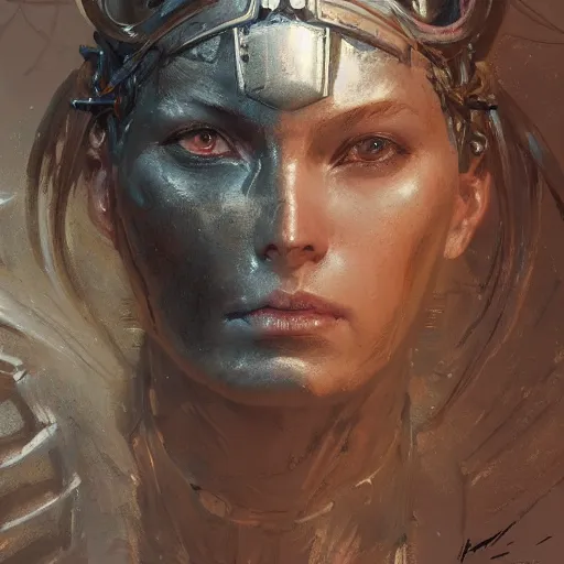 Prompt: portrait girl face metal cyborg armor and metal horse by gaston bussiere, anna nikonova aka newmilky, greg rutkowski, yoji shinkawa, yoshitaka amano, tsutomu nihei, donato giancola, geoffroy thoorens, concept art, trending on artstation, featured on pixiv