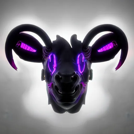 Prompt: synthwave demonic cyborg goat face with neon horns, detailed face, sharp focus, synthwave art, aesthetic, octane render, raw, cinematic