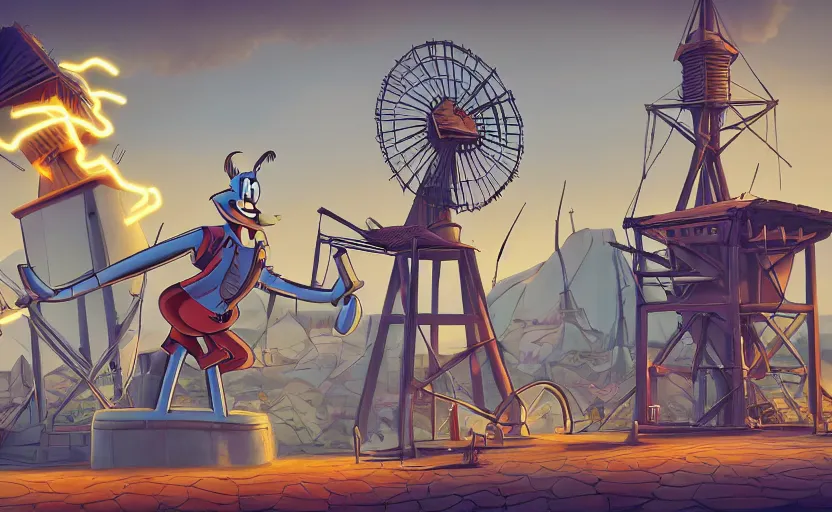 Image similar to a windmill, 1 9 2 0 s rubber hose cartoon style, looney tunes, silly symphony, robot, fire, ash, electricity lightning, furry, soft, concept art, sharp focus, intricate details, highly detailed, photorealistic, disney pixar, octane render, iridescent, anime, 8 k