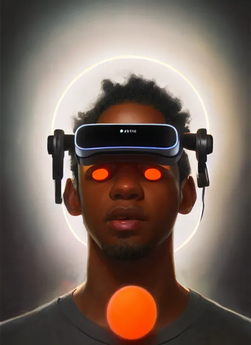 Prompt: handsome black genius hacking the metaverse in a vr headset, white t - shirt and jordans, three dimensional holograms and translucent orange glowing lights, highly detailed, digital painting, artstation, concept art, smooth, sharp focus, illustration, art by wlop, uang guangjian and gil elvgren and sachin teng and greg rutkowski