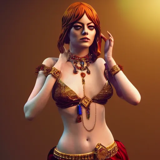 Image similar to full body portrait of emma stone, she is dressed as a belly dancer,, arabian night, in focus sharp face with fine details, a human hand in a video game, volumetric lightening, octane render, high quality, fully detailed, 4 k, alphonse mucha, masterpiece, stunning