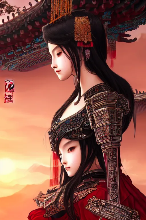 Image similar to portrait black hair young knights of Dynasty Warriors girl, metallic red armor, in ruin chinese temple rooftop sunset, ssci-fi and fantasy, intricate and very beautiful and elegant, highly detailed, digital painting, soft light, artstation, concept art, smooth and sharp focus, illustration, art by tian zi and WLOP and alphonse mucha