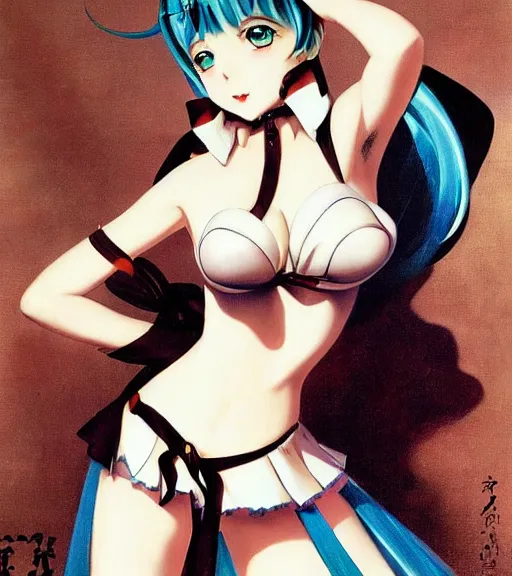 Image similar to Anime art very beautiful Hatsune miku by Gil Elvgren, Earl Moran, Enoch Bolles, symmetrical shoulders