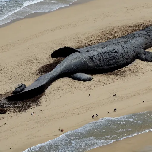 Image similar to CNN news footage taken from above. A huge creature is washed up on the beach.