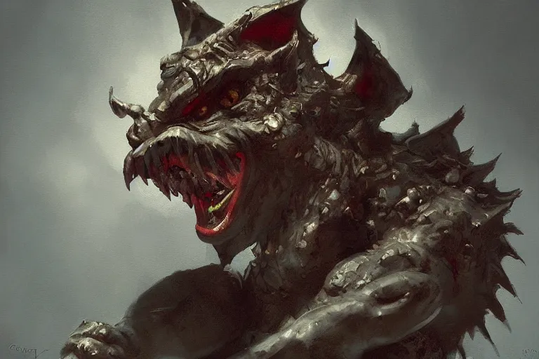 Image similar to A cute, comfy painting of a scary, snarling gargoyle by Craig Mullins, dramatic lighting, extremely high detail, trending on artstation