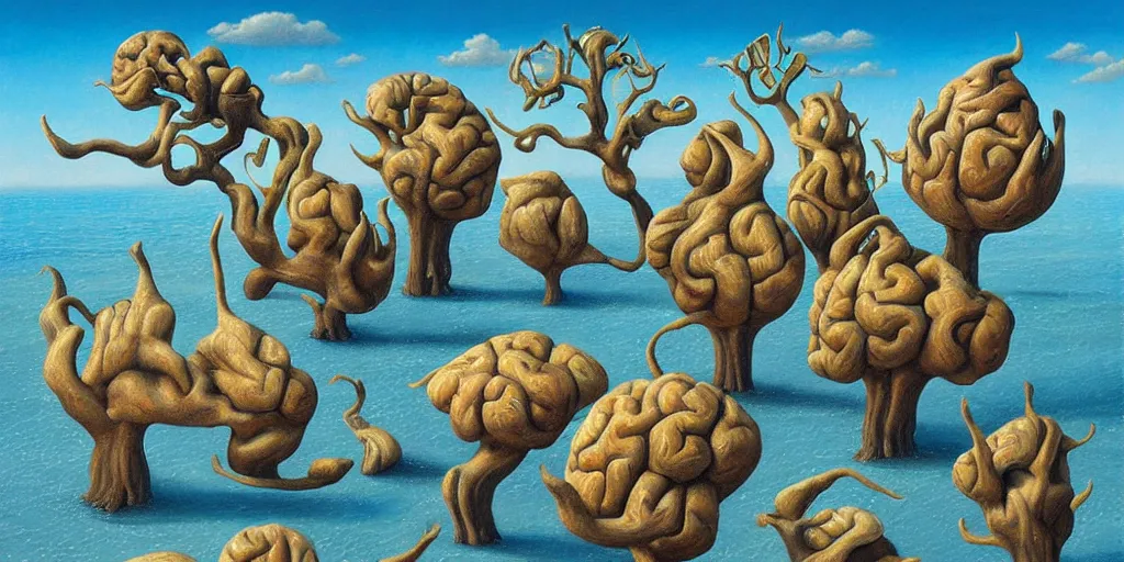 Prompt: a painting of some strange looking brain plants on a beach, a surrealist painting by Vladimir Kush, featured on cgsociety, pop surrealism, surrealist, biomorphic, airbrush art