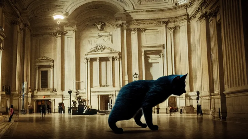 Image similar to the giant cat in city hall, film still from the movie directed by denis villeneuve and david cronenberg with art direction by salvador dali, wide lens