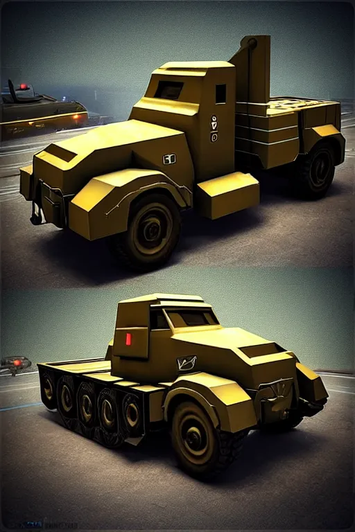 Image similar to “ cybertruck in war thunder game. front on, symmetrical. industrial design. good design award, innovative product concepts, most respected design, amazing depth, glowing, golden ratio, 3 d octane cycle unreal engine 5, volumetric lighting, cinematic lighting, cgstation artstation concept art ”