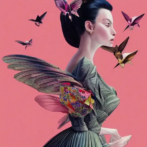 Image similar to beautiful fashion illustration of an enchanting girl wearing an origami dress, hummingbirds, elegant, by esao andrews, by eiko ishioka, givenchy, by peter mohrbacher, centered, floral ornamentic on cloth and hair, detailed beautiful face, high depth of field, fresh colors, vogue, japanese, new yorker, reallusion character creator