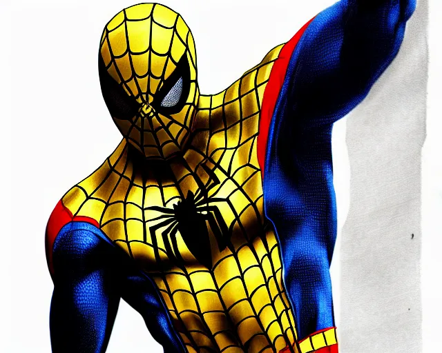 Image similar to photorealistic sketch of black spider - man with gold webbing