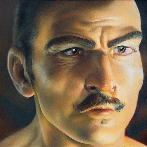 Image similar to an ultra - realistic portrait painting of mario in the style of frank frazetta. 4 k. ultra - realistic. highly detailed. dark fantasy. epic lighting.