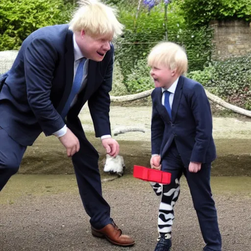 Image similar to Boris Johnson taking mini Boris Johnson to the zoo