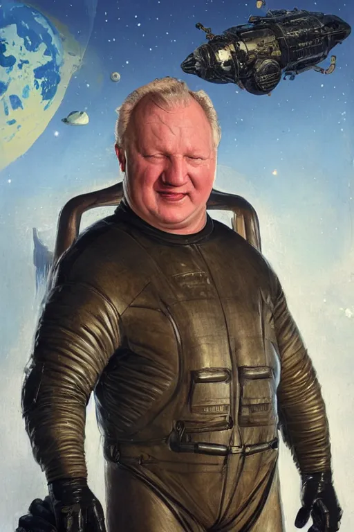 Image similar to upper body portrait of stellan skarsgård as baron harkonnen with oil running down his face wearing old leather spacesuit, detailed, sunshine, nebula space background, illustration by norman rockwell, artstation character art, john william waterhouse, concept art, greg rutkowski