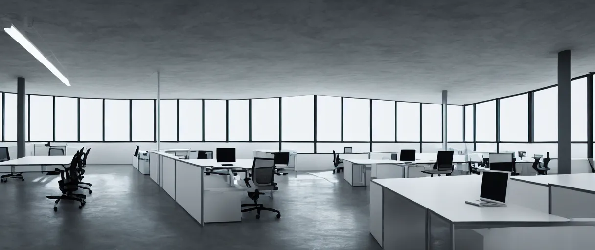 Image similar to large office on top of mountain, modern, well kept, bright, ethereal feel, volumetric lighting, godrays, warm light, high ceiling, table in the middle, office chair, couch, grand, curved windows around the wall, white concrete, plangs in wall, balcony outside, digital art, concept art, high detail,