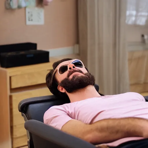 Prompt: a man in a pink shirt with brown hair and a beard during a therapy session laying down, sunglasses, cheese, insanely detailed