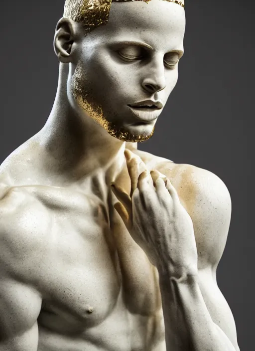 Image similar to a statue made of white marble with gold veins, of steph curry with water, transhumanism, full body shot, perfect symmetrical body, perfect symmetrical face, hyper realistic, hyper detailed, by johannen voss, by peter kemp, by monia merlo, by michelangelo, octane render, blender, 8 k