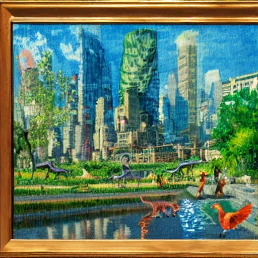 Prompt: impressionist painting of a utopian stone city with dinosaurs