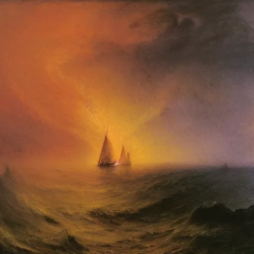 Image similar to a ship burning in the distance during a storm, by william turner, by beksinski, by caspar david friedrich, oil painting, romantism, realism, limited palette