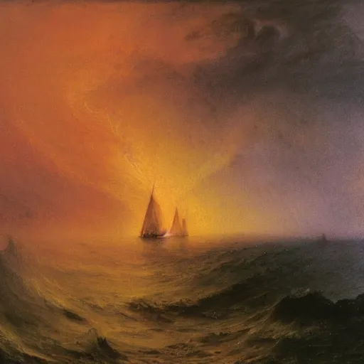 Prompt: a ship burning in the distance during a storm, by william turner, by beksinski, by caspar david friedrich, oil painting, romantism, realism, limited palette