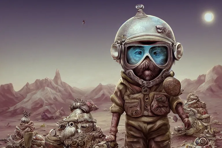 Image similar to a highly detailed forgotten garden gnome wearing goggles and head scarf surviving in a vast barren desert, hopeless wasteland background with a relentless raging sun overhead, post - apocalyptic road warrior vibe, dynamic pose, an ultrafine detailed painting by joe fenton, trending on deviantart, pop surrealism, whimsical, lowbrow, perfect symmetrical face, sharp focus, octane, masterpiece