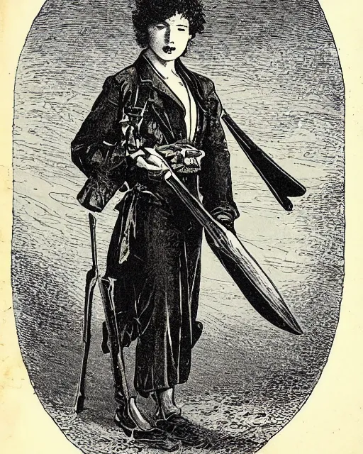 Image similar to 19th century wood-engraving of Ryūko Matoi cosplayer holding Scissor Blade, whole page illustration from Jules Verne book, art by Édouard Riou Jules Férat and Henri de Montaut, frontal portrait, high quality, beautiful, highly detailed, removed watermarks