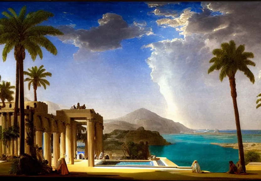 Image similar to The highest palace ever made, thunderstorm, greek pool, beach and palm trees on the background major arcana sky, by paul delaroche, hyperrealistic 4k uhd, award-winning very detailed