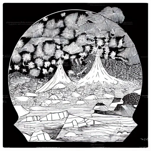 Image similar to impressive fantasy landscape, beautiful line art, pure b & w, etching illustration, square sticker, masterpiece