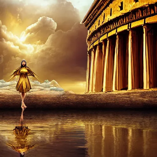 Prompt: young ancient greek woman in golden helmet, a floating pantheon palace in the sky, clouds background, island floating in the sky, epic fantasy style art, fantasy epic digital art