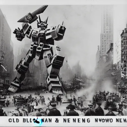 Image similar to old black and white photo, 1 9 1 3, depicting a diesel gundam rampaging through the bustling streets of new york city, historical record
