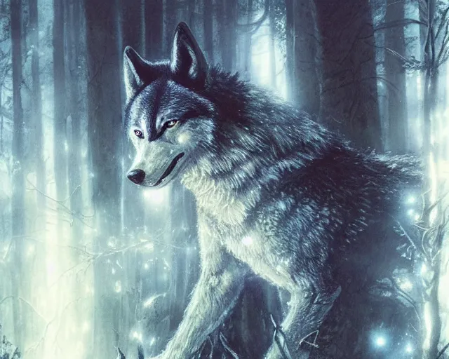 Image similar to 5 5 mm portrait photo of an armored holy wolf angelic with blue glowing eyes and looking at the camera, glowing with holy lights, holy energy, in a magical forest. magical atmosphere. art by greg rutkowski and luis royo. highly detailed 8 k. intricate. lifelike. soft light. nikon d 8 5 0.