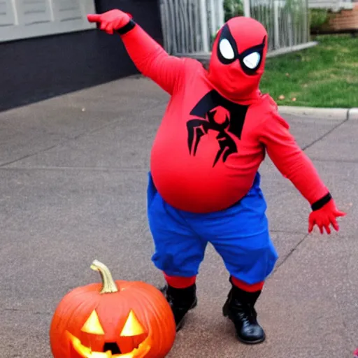 Prompt: fat chuck halloween photo of trying to be spiderman IMG_