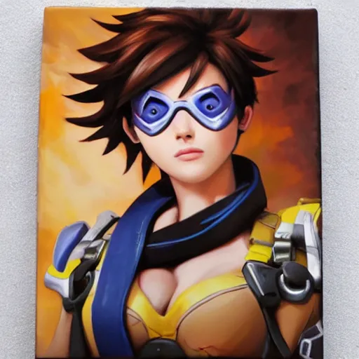 Prompt: oil painting of tracer overwatch in a field wearing large leather belt choker around neck, in style of mark arian, expressive face, detailed face, detailed eyes, full body, feminine face, tracer overwatch,