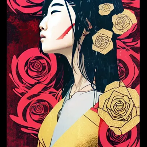 Image similar to portrait of japanese woman :: side profile :: in ocean :: clockwork details :: gold :: blood and roses :: by MARVEL comics and Sandra Chevrier