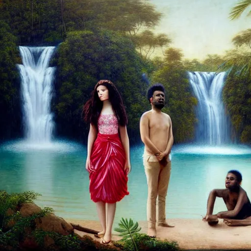 Image similar to a ultradetailed beautiful painting of lorde, frank ocean, the weeknd and lana del rey standing in front of the diamonds waterfall in the amazonas palace balustrade designed by jules bastien - lepage, tarsila do amaral, frank weston and gustave baumann, beach, trending on artstation, mediterranean, palm trees, sharp focus, soft light, 8 k 4 k