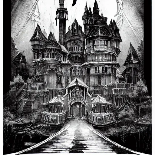 Prompt: black and white art deco style ink drawing of detailed the huge haunted house on the edge of a hill , highly detailed, fantasy art, in the style of greg rutkowski, epic, fantasy, intricate, hyper detailed, artstation, concept art, smooth, sharp focus, ray tracing