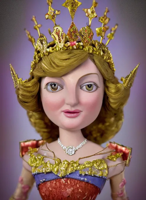 Image similar to closeup face profile portrait of tin toy princess diana as a fairytale princess wearing a crown eating cakes, bikini, depth of field, zeiss lens, detailed, symmetrical, centered, fashion photoshoot, by nicoletta ceccoli, mark ryden, lostfish, breathtaking, 8 k resolution, extremely detailed, beautiful, establishing shot, artistic, hyperrealistic, octane render