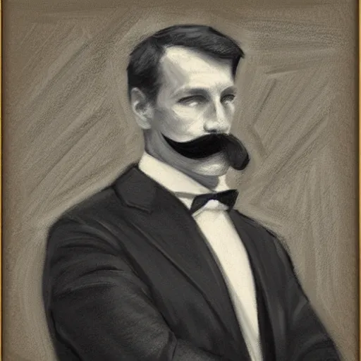 Image similar to portrait of an action hero, suit, bow tie, mustache, by alfred stevens in charcoal