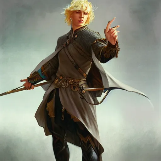 Image similar to an epic fantasy comic book style portrait painting of a confident blonde boy wearing plain thief clothes, d & d, fantasy, intricate, elegant, highly detailed, digital painting, artstation, concept art, matte, sharp focus, illustration, art by artgerm and greg rutkowski and alphonse mucha