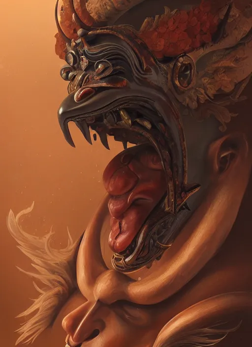 Image similar to a beautiful detailed oil on copper art illustration of a japanese tengu mask with big nose devil woman, centered, by charlie bowater, zeng fanzh, trending on artstation, dim dusk lighting, cinematic lighting, detailed lighting, volumetric lighting, realistic, f 8, 4 k hd wallpaper