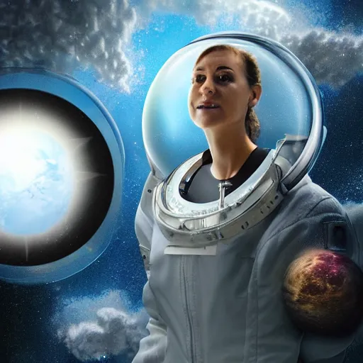 Prompt: a hyper realistic digital painting of a woman in an astronaut suit inside a glass cube floating in space