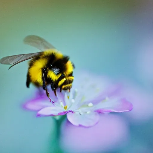 Image similar to a bumblebee with floral anatomy sits on a finger, 5 0 mm lens, f 1. 4, sharp focus, ethereal, emotionally evoking, head in focus, volumetric lighting, blur dreamy outdoor