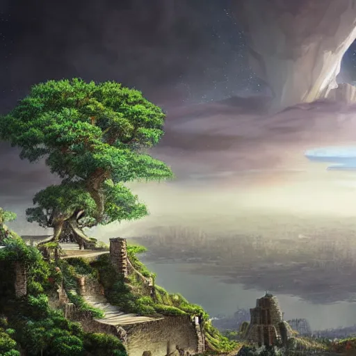 Prompt: gigantic tree on a cliff with ancient city below, above is astral world by quentin mabille