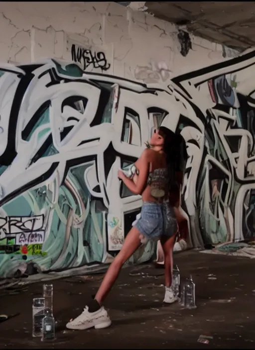 Image similar to film still of kylie Jenner doing a graffiti mural, derelict house, cinematic lighting, cinematic, rear pov,