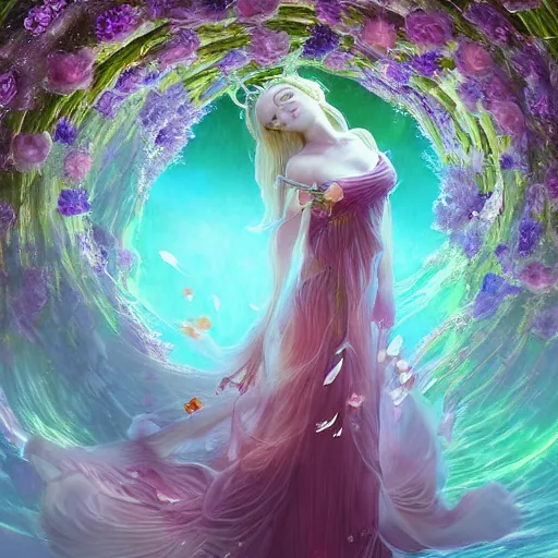 Image similar to Elven druid queen in a swirling sundress of flowers, underwater, floral explosion, radiant light, vortex of plum petals, by WLOP, Hasui Kawase and artgerm, artstation, deviantart