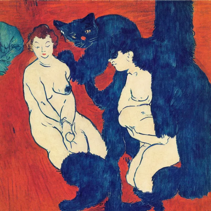 Image similar to couple under a baldachin. deep indigo blue colors, fuzzy black cat. henri de toulouse - lautrec, utamaro, emil nolde, matisse, rene magritte