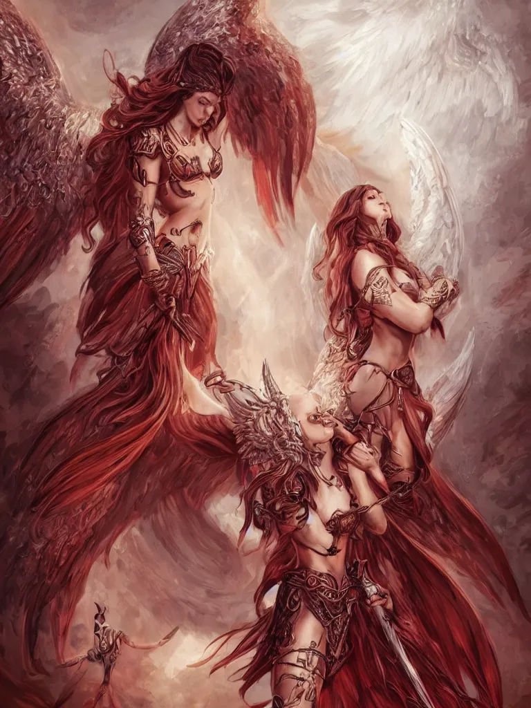 Image similar to a whole body D&D style illustration of Adriana as a warrior angel woman with angel wings wide opened , covered by elfish tattoos and wavy red hair, intricate, elegant, highly detailed, digital painting, artstation, wallpaper!, concept art, smooth, sharp focus, high fantasy illustration, art by artgerm and Vasylina, and Peter Andrew Jones